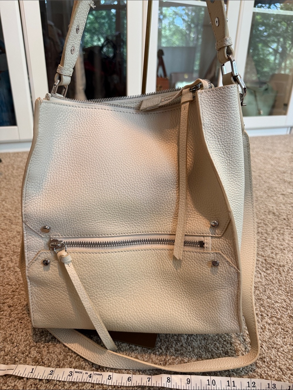 Pebbled Cream Leather Shoulder Bag with Front Zip Pocket